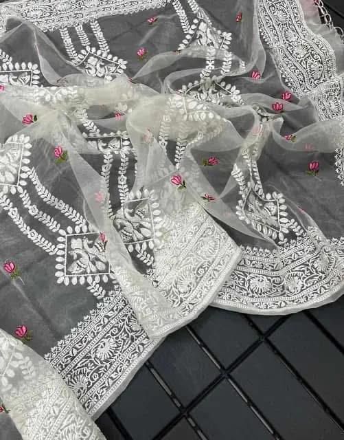 Pure Soft Organza Silk Saree with Lucknowi Embroidery & Silver Zari Work