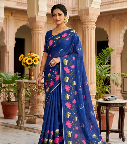 Premium Linen Cotton Floral Print Saree With Tassels & Blouse Piece | Soft Lightweight Daily Wear Saree