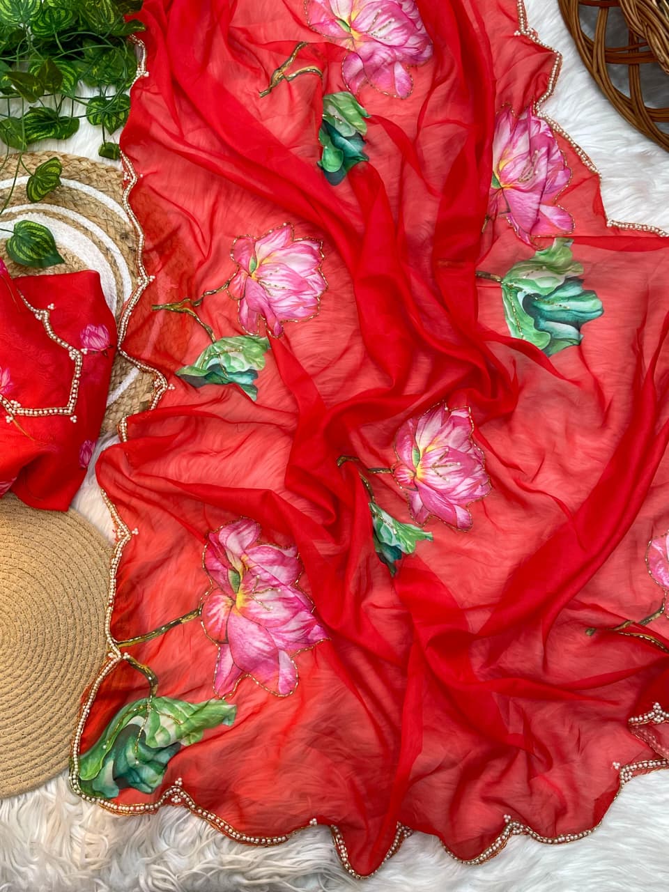 Pure Soft Teby Silk Saree with Digital Floral Print & Moti Cutdana Work Border