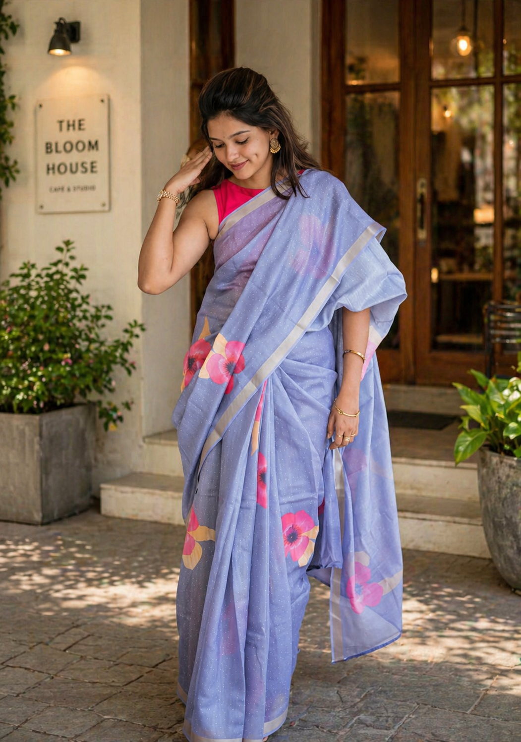 Flower Linen Saree – Soft Lightweight Floral Printed Designer Saree with Blouse