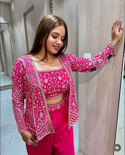 Elegant Rani Pink Embroidered Palazzo Koti Blouse Set in Chinon Silk