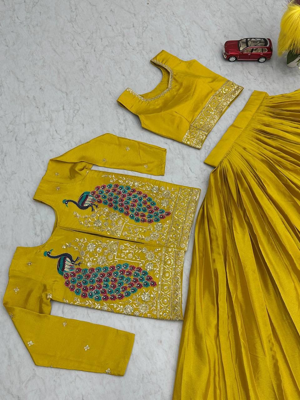 Festival Special Chinon Crop Top Lehenga with Embroidered Jacket (Yellow)