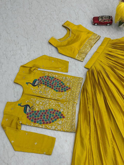 Festival Special Chinon Crop Top Lehenga with Embroidered Jacket (Yellow)