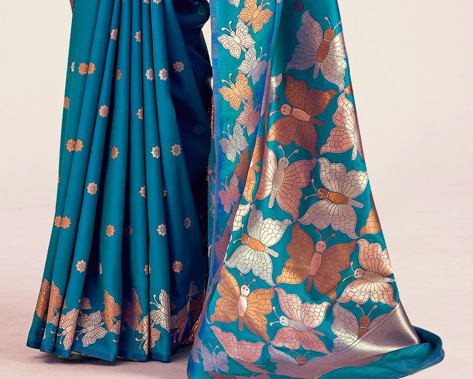 Teal Blue Butterfly Printed Silk Look Saree