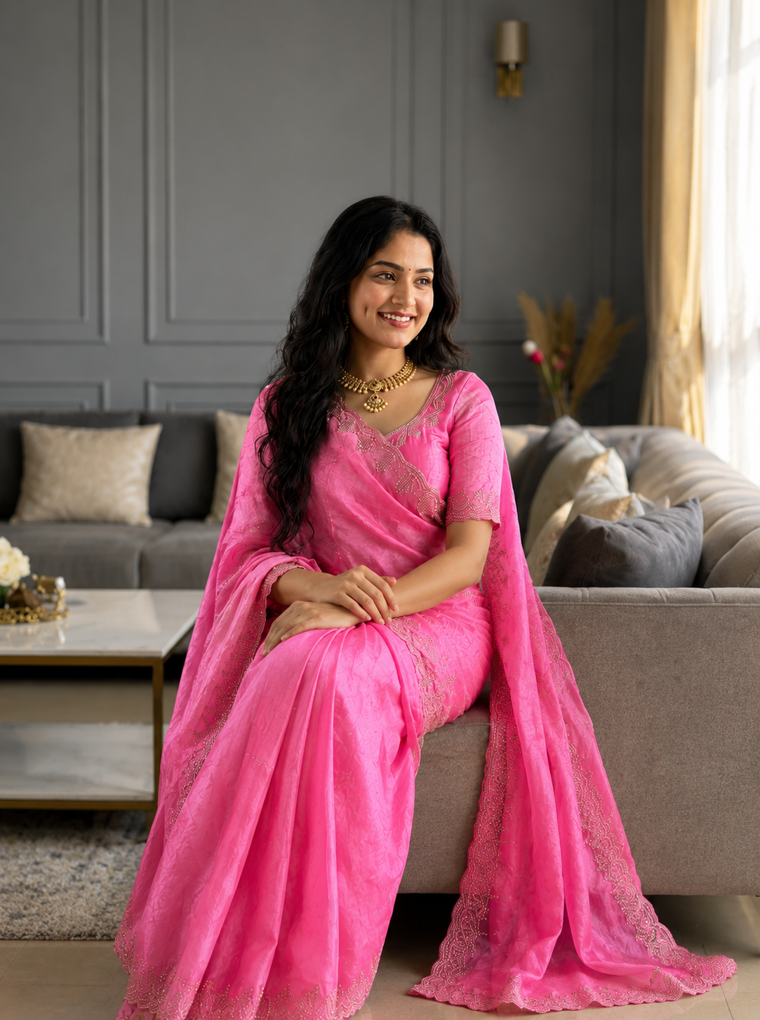 Rupali Pink Space Silk Saree with Hand Jharkhand Cutdana Border & Designer Blouse