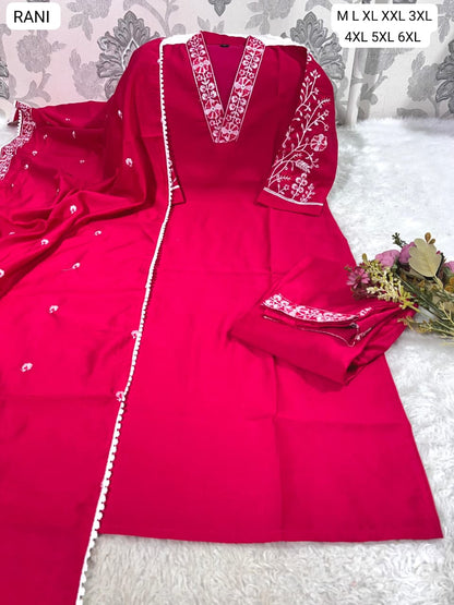Premium Roman Silk Embroidered Kurti Pant Dupatta Set | Elegant Party Wear Kurti Set