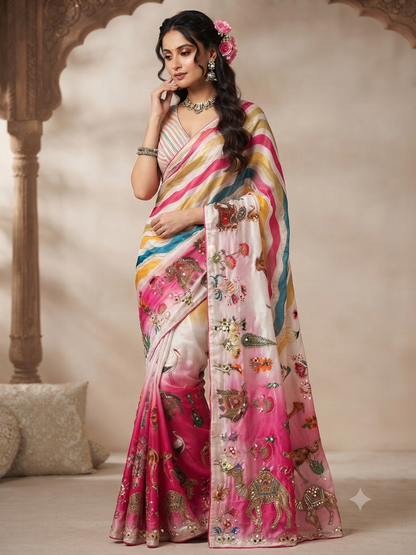 Beautiful Rajasthani Royal Look Soft Chinon Digital Saree with Mirror Work