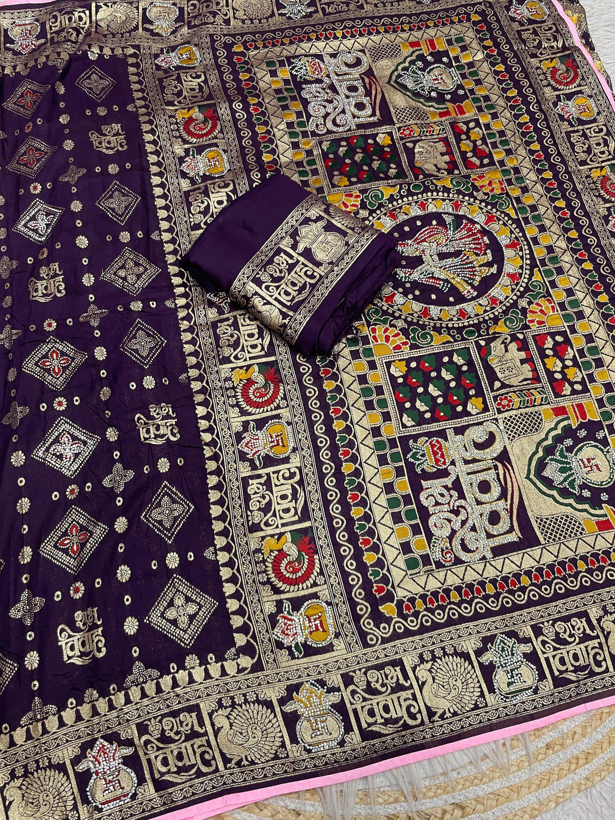 Wedding Special Dola Silk Saree with Hand-Dyeing Mena & Zarkhan Work
