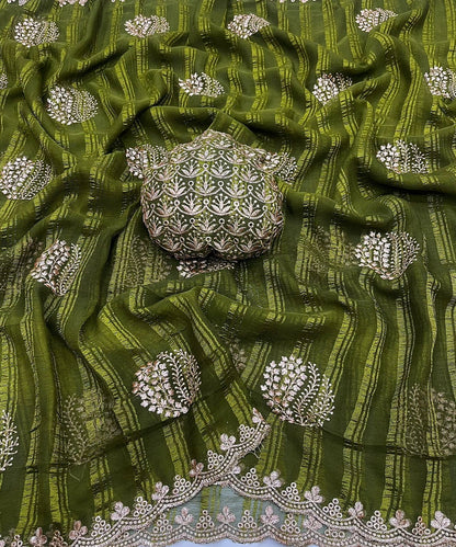 Pure Moss Georgette Embroidery Saree with Embroidered Blouse – Soft Lightweight Party Wear Saree