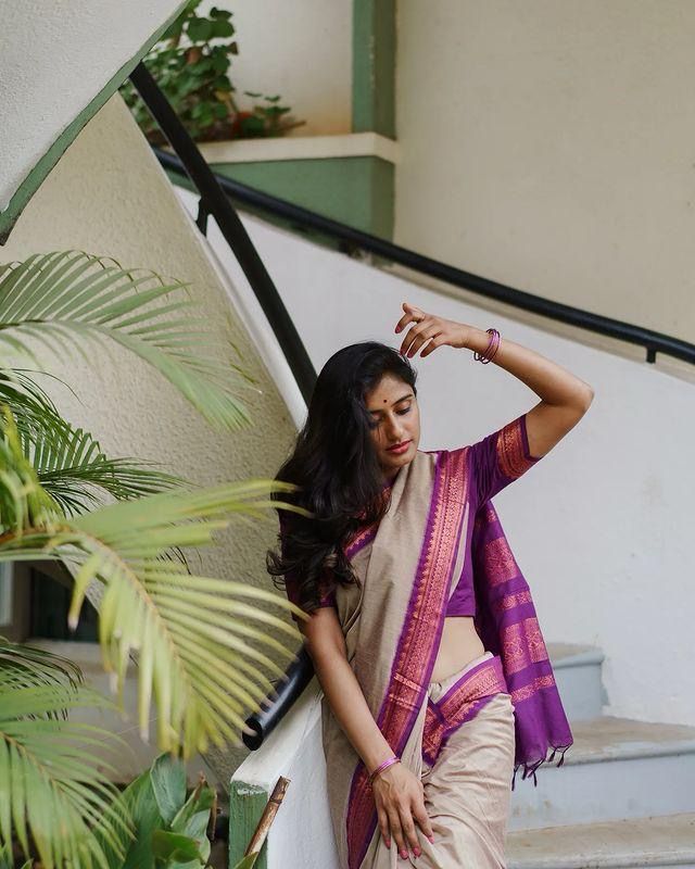 Beige Purple Border Saree