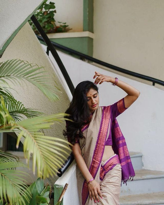 Beige Purple Border Saree