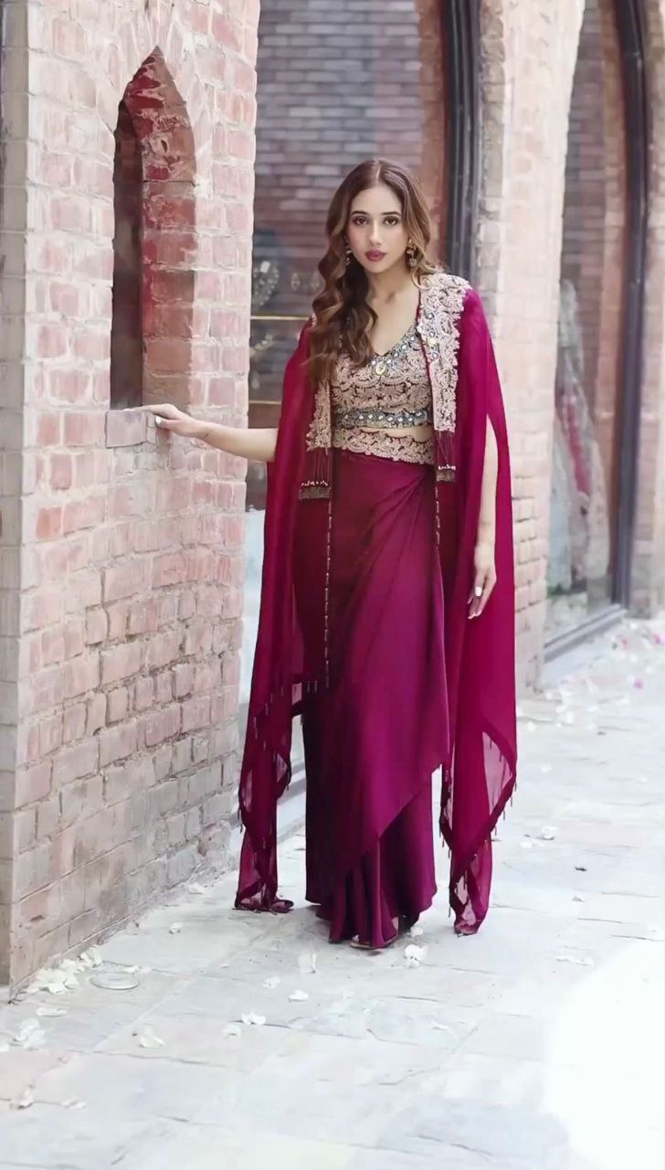 Wine Party Wear Organza Sharara Set with Embroidered Blouse & Stylish Shrug