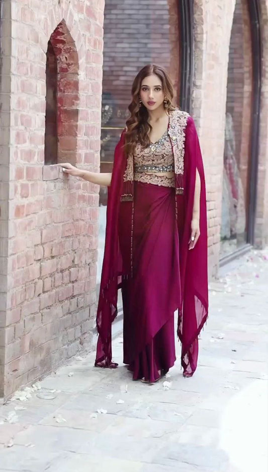 Wine Party Wear Organza Sharara Set with Embroidered Blouse & Stylish Shrug