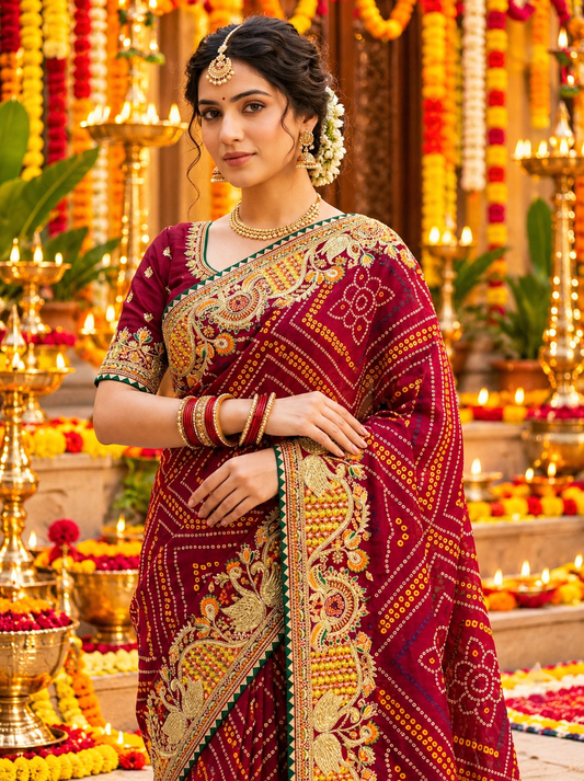 Heavy Bandhani Saree with Multi Coding C-Pallu, Diamond Work & All-Over Butti