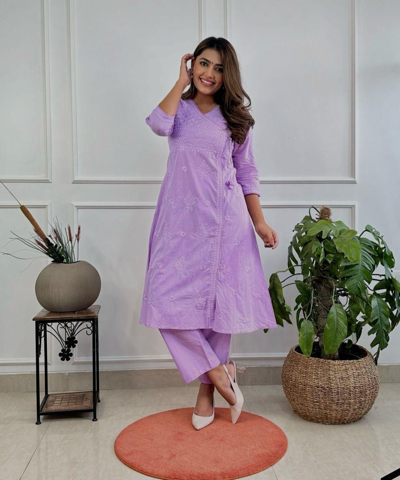 Cotton Chikankari Angrakha Kurti Set