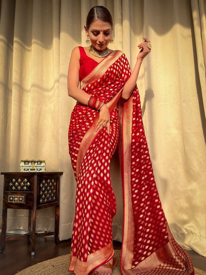 Red Gold Buti Saree