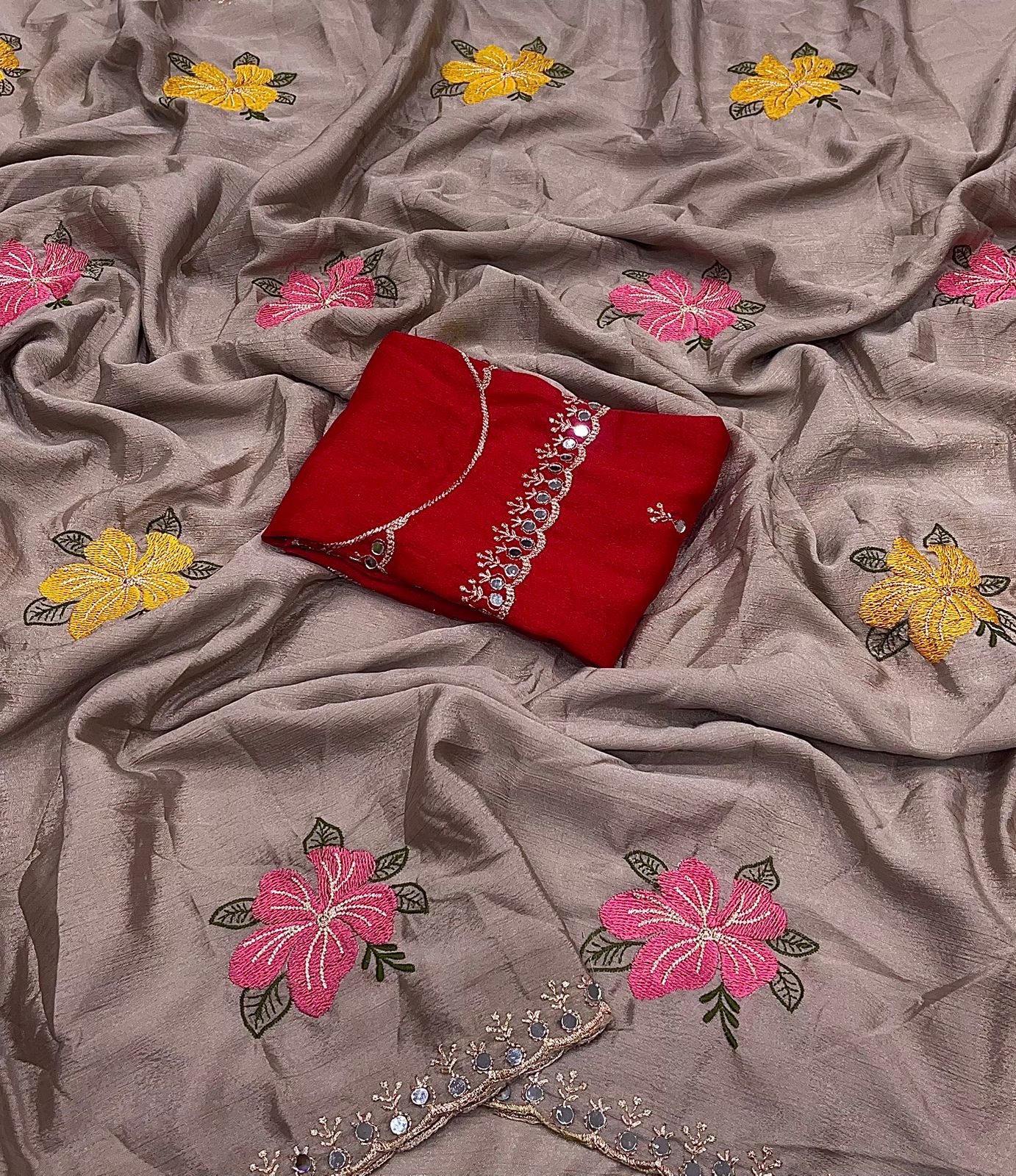 Chinon Silk Embroidery Saree