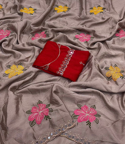 Chinon Silk Embroidery Saree
