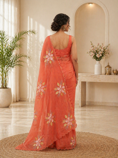 Pure Bari Chiffon Saree with Handwork & Floral Hand Print