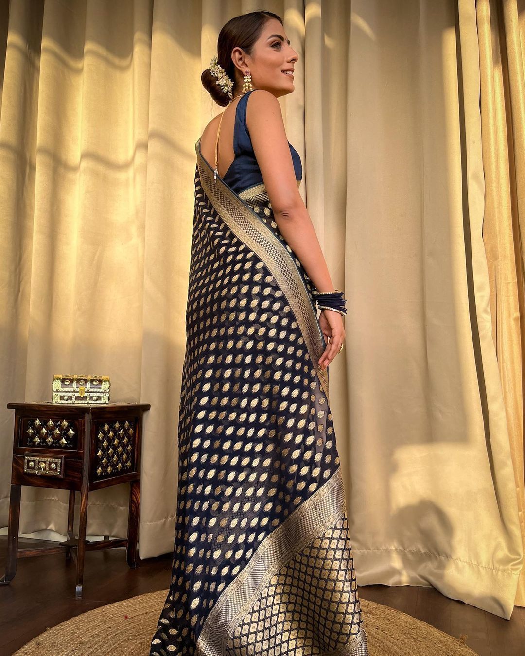 Navy Blue Gold Buti Saree