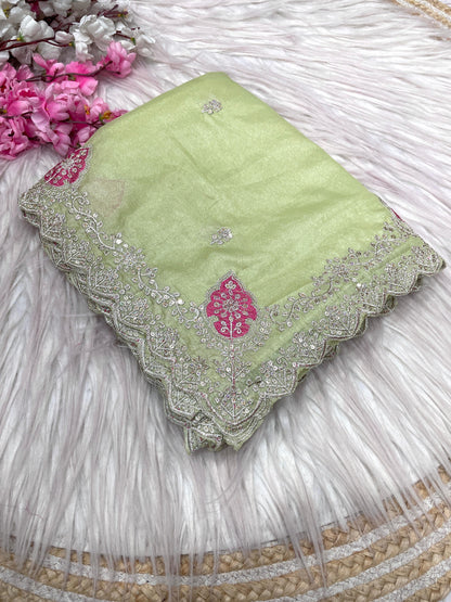 Blooming Chocolate Silk Embroidery Designer Saree With Unstitched Blouse