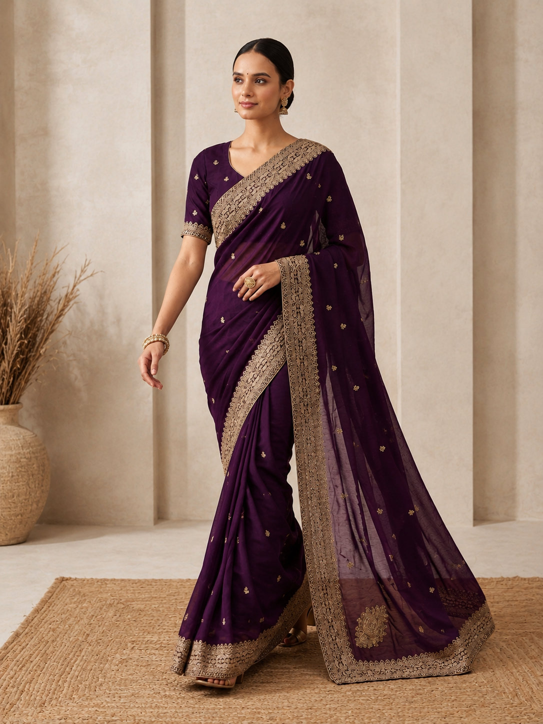 Purple Rangoli Silk Saree with Sequins & Dori Embroidery Work