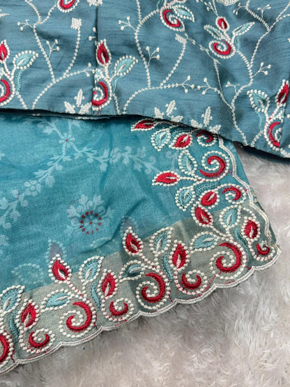 Barfi Cotton Satin Embroidered Saree with Designer Blouse