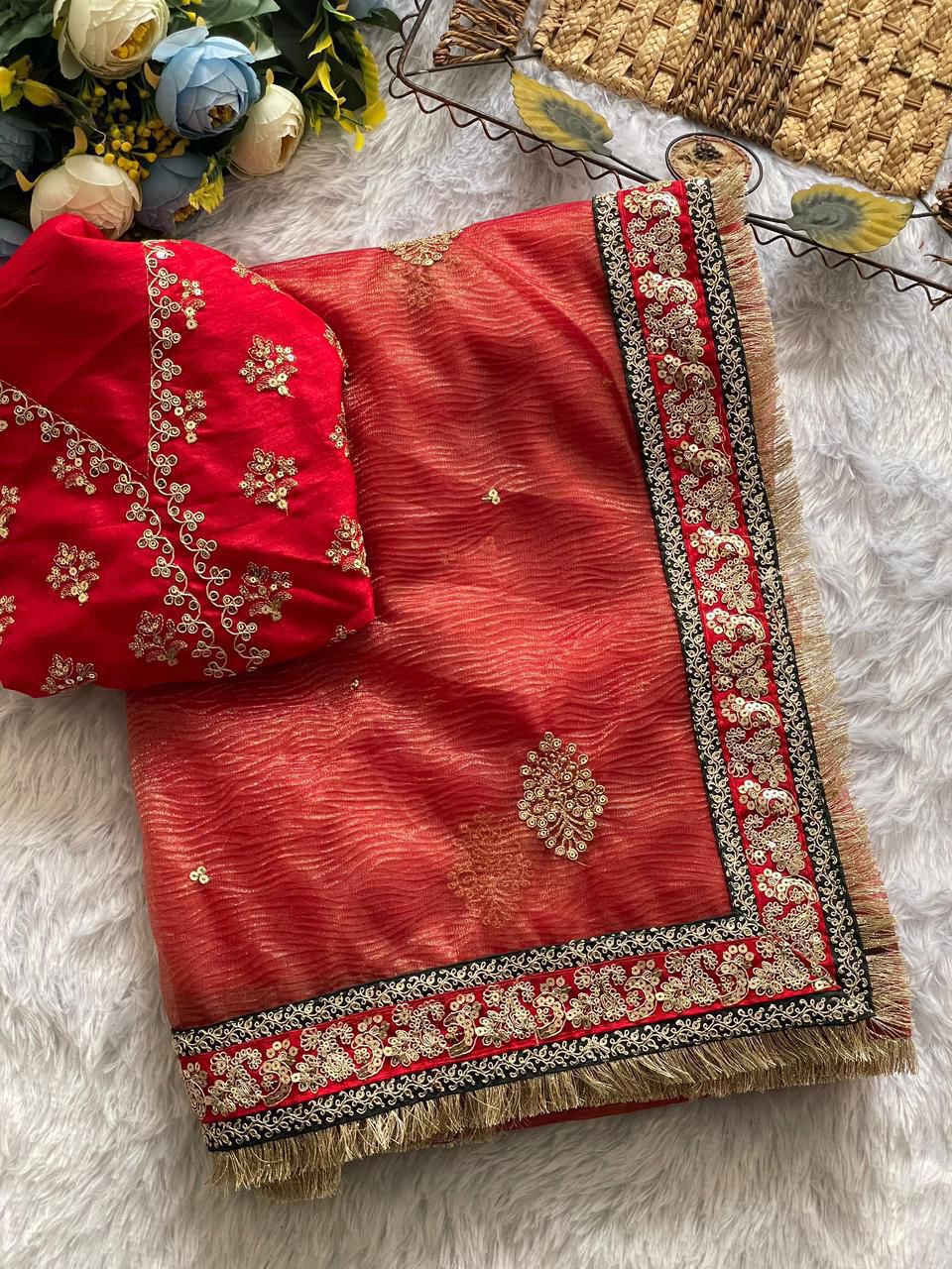 Heavy Soft Banarasi Crush Silk Saree With Embroidery Sequence & Coding Work Border