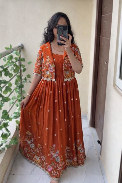 Embroidered Crepe Silk Gown with Jacket