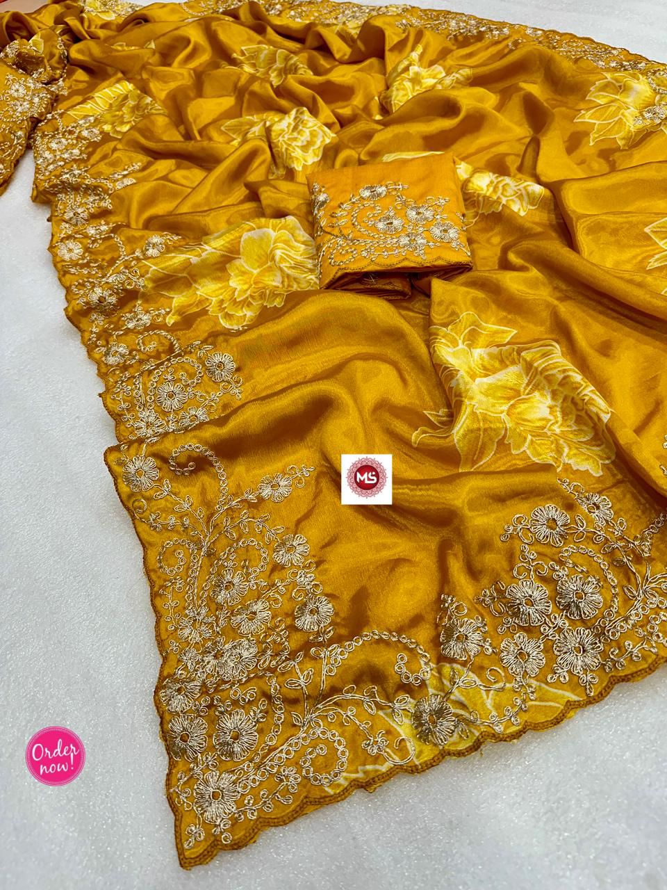Designer Floral Embroidered Silk Saree with Rich Zari Work