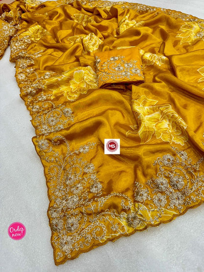 Designer Floral Embroidered Silk Saree with Rich Zari Work