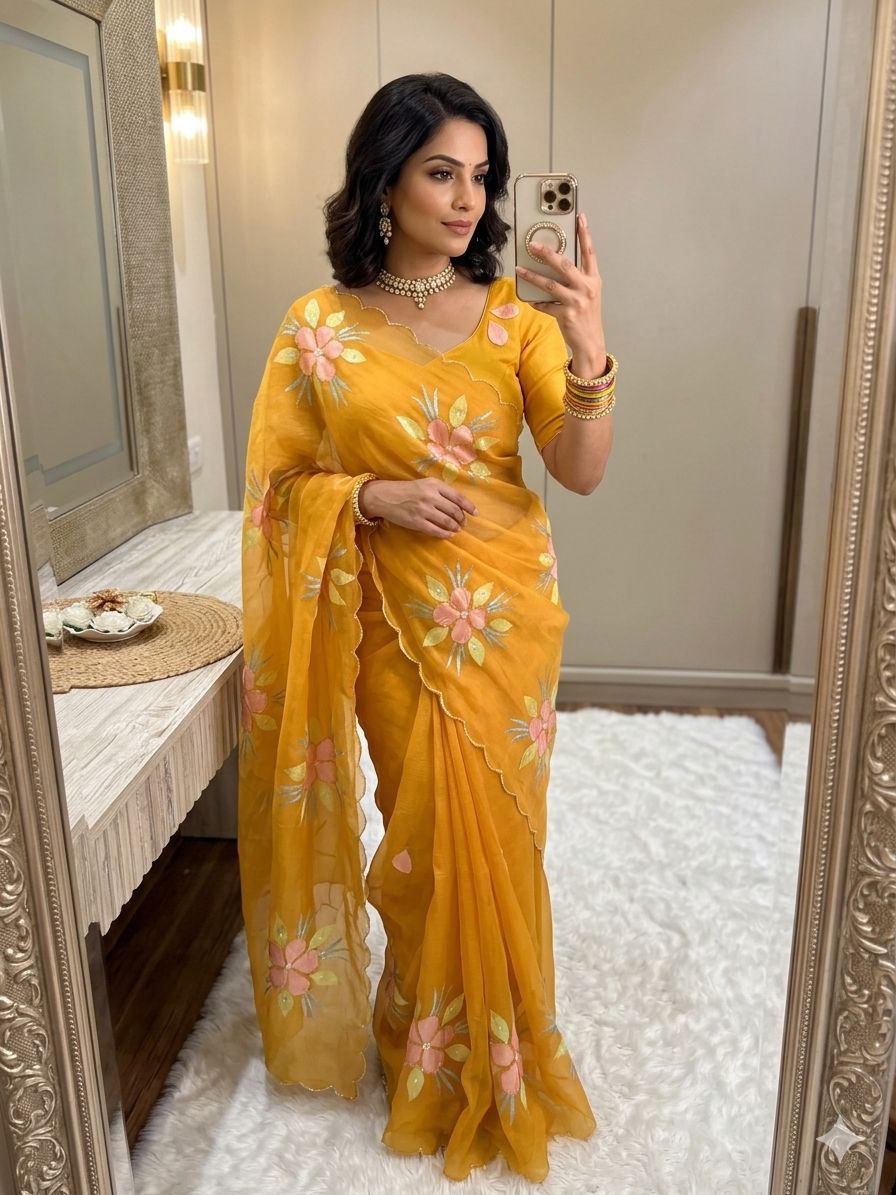 Pure Bari Chiffon Saree with Handwork & Floral Hand Print