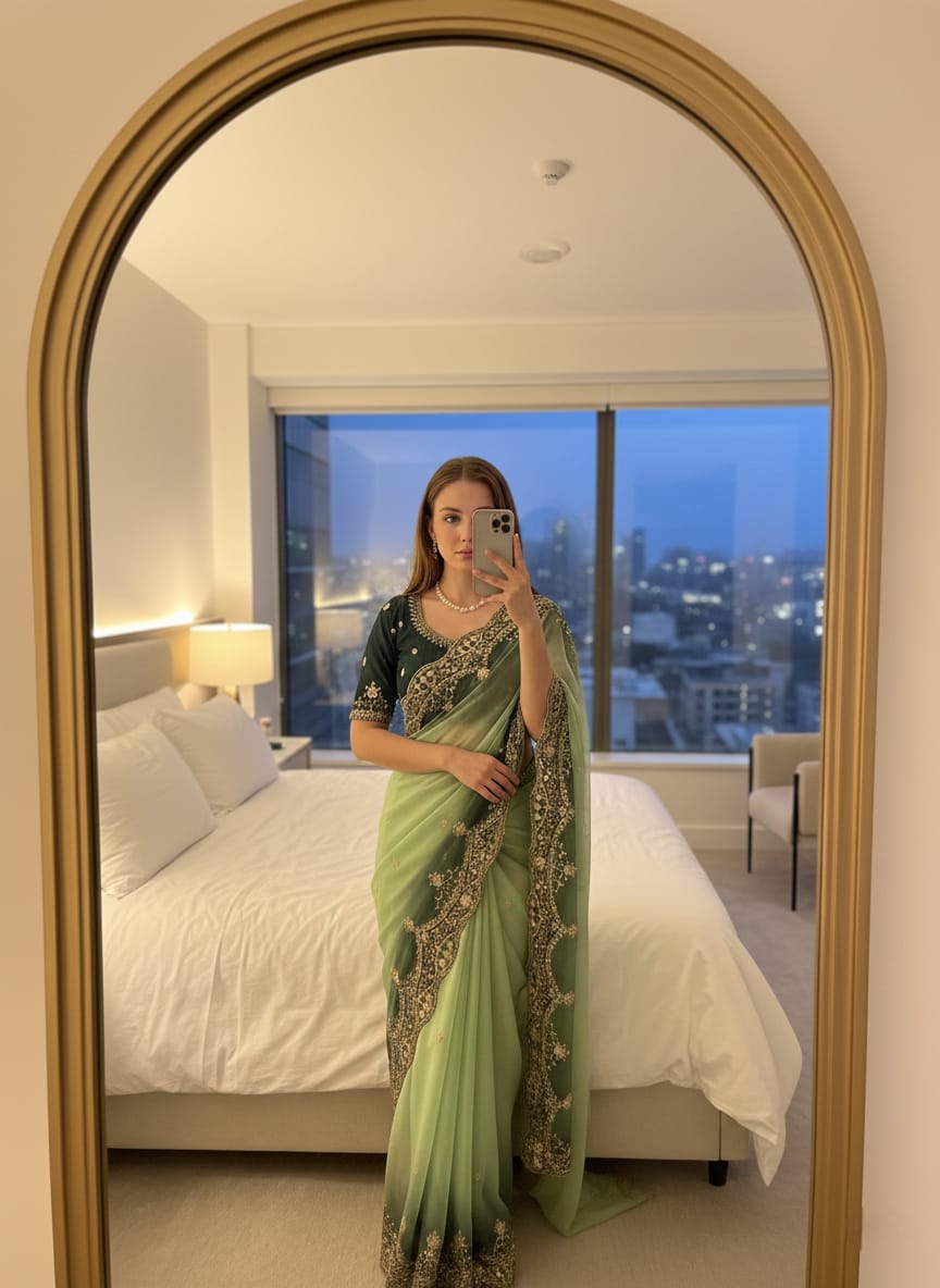 Shipra Moss Embroidery Saree With Stitched Blouse