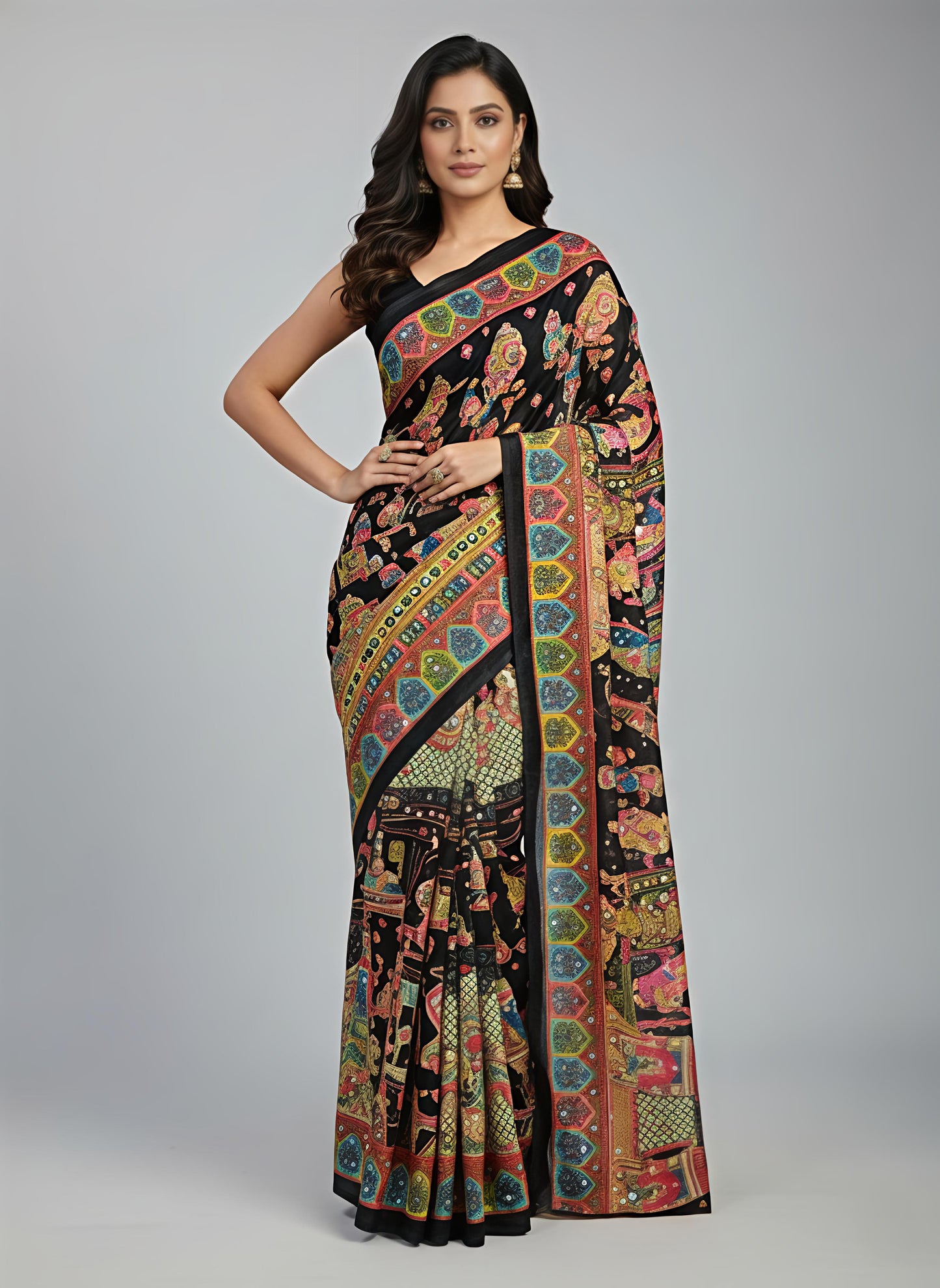Heavy Masakali Georgette Digital Print Saree with 3000+ Mirror Work