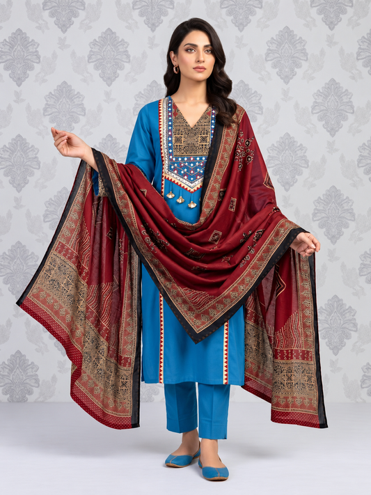 Pure Cotton Heavy Embroidered Suit Set with Pant & Dupatta | 3 Piece Ethnic Wear
