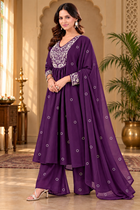 Women’s Mul Chanderi Anarkali Suit Set with Pant & Dupatta | Floral Thread Embroidery | 3 Piece Ethnic Wear