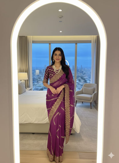 Shanaya Zimmy Choo Silk Saree With Heavy Embroidery Sequence Work & Blouse (Up to 42”)