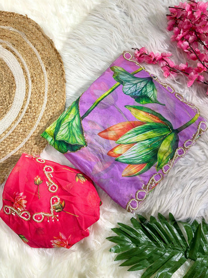 Pure Soft Teby Silk Floral Print Saree with Khatli Moti Border & Designer Blouse