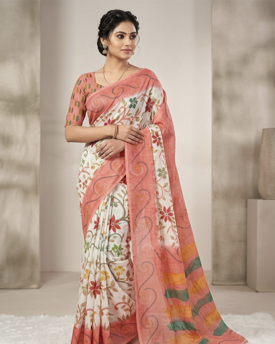Elegant Linen Cotton Digital Print Saree with Tassel Pallu