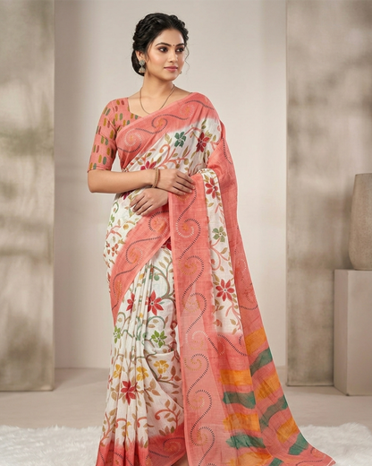 Elegant Linen Cotton Digital Print Saree with Tassel Pallu