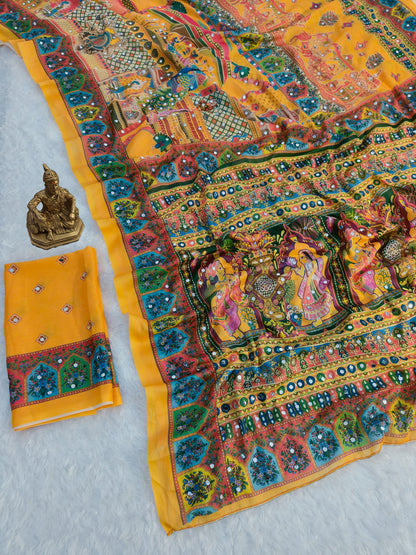 Heavy Masakali Georgette Digital Print Saree with 3000+ Mirror Work