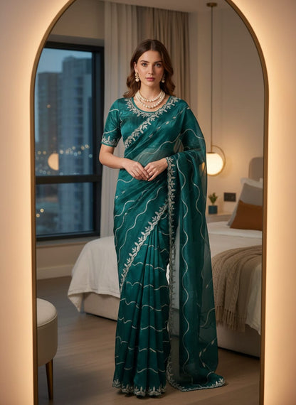 Zoya Soft Satin Silk Saree with 3MM Sequins Embroidery Border & Stitched Blouse