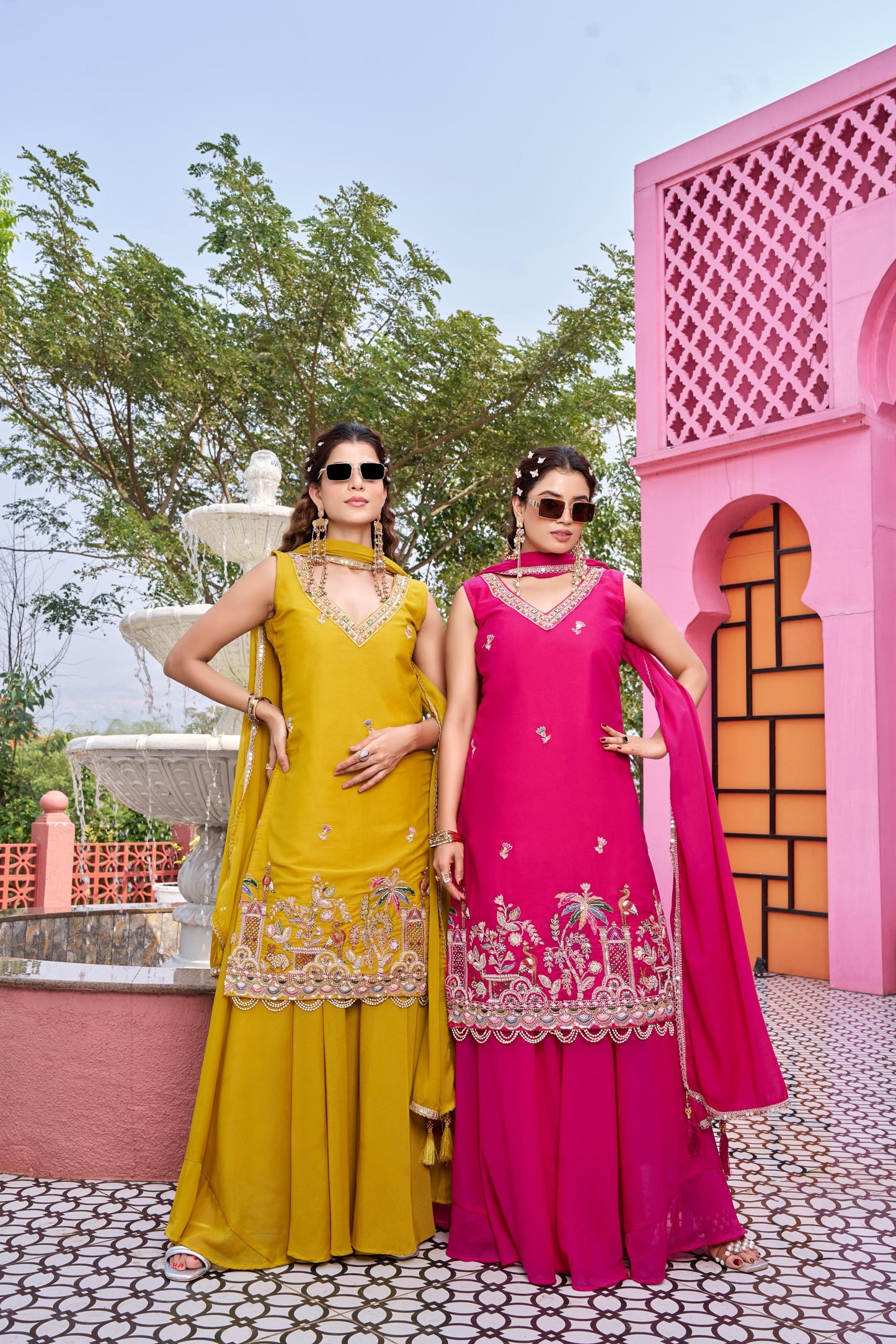 Haldi Special Designer Kurti Plazzo Dupatta Set with Moti & Embroidery Work