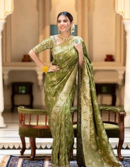 Olive Green Floral Woven Saree
