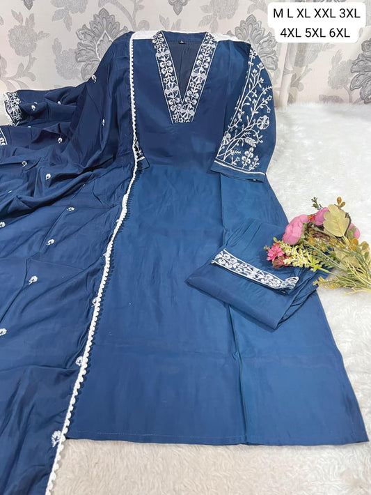 Premium Roman Silk Embroidered Kurti Pant Dupatta Set | Elegant Party Wear Kurti Set