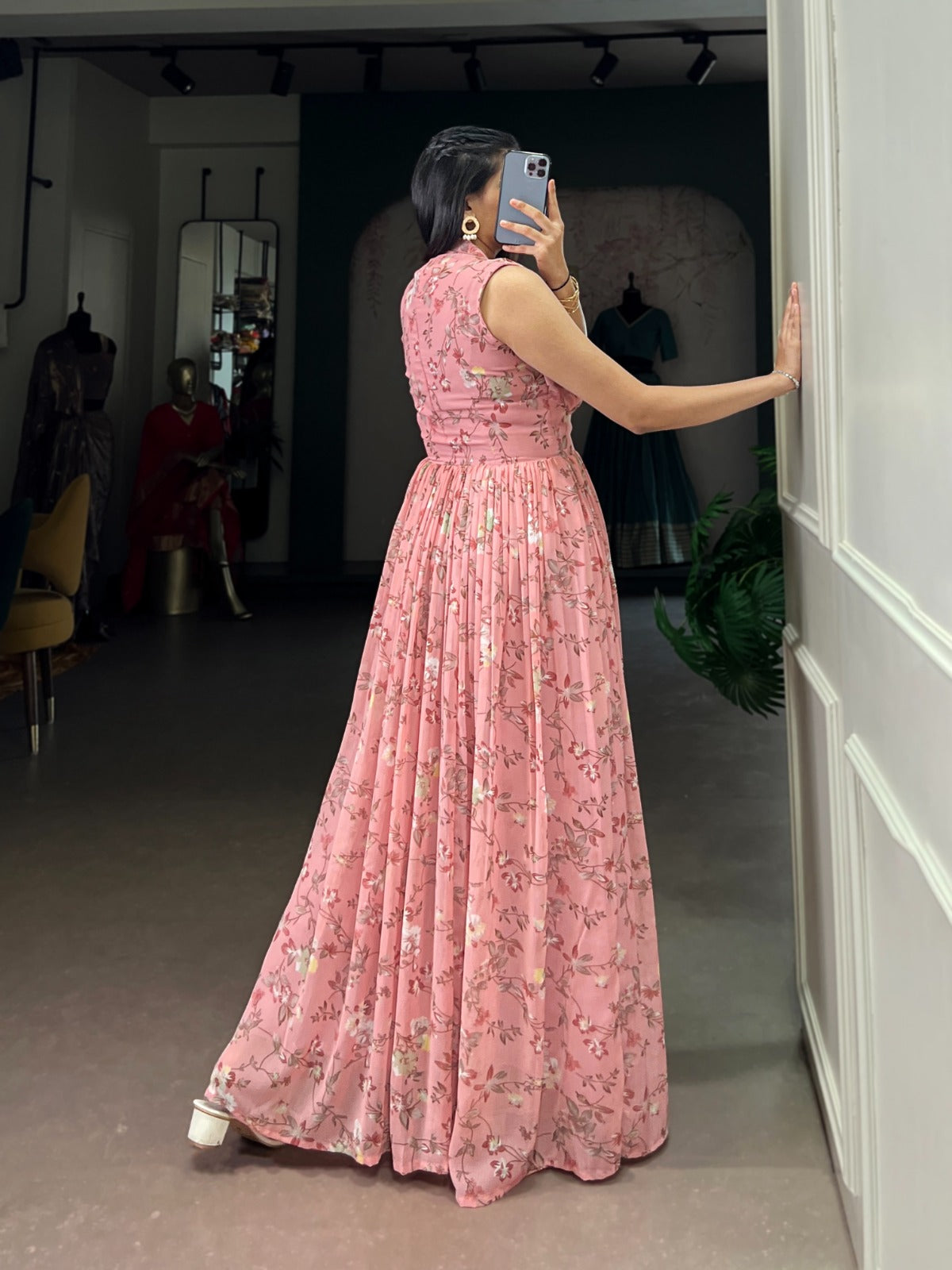 Floral Print Weightless Marble Fabric Long Party Wear Gown Dress