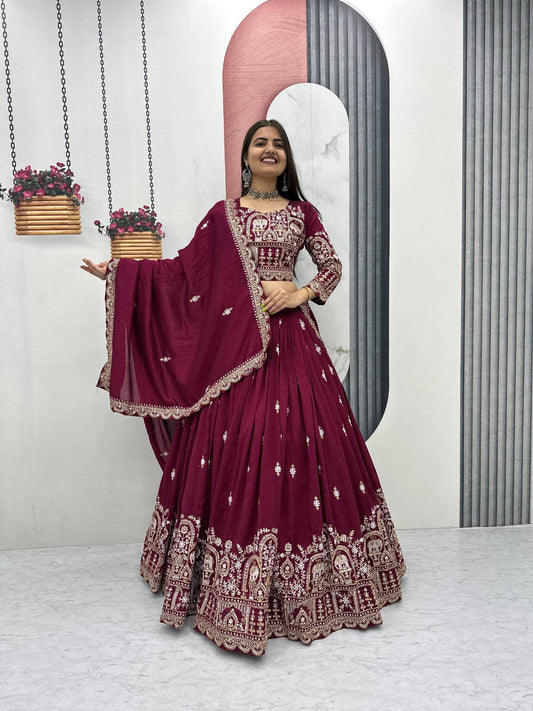Maroon Heavy Embroidery Vichitra Silk Lehenga Choli