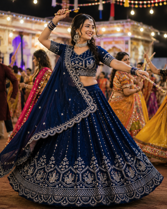 Designer Festival Wear Vichitra Lehenga Choli with Heavy Embroidery Sequence Work