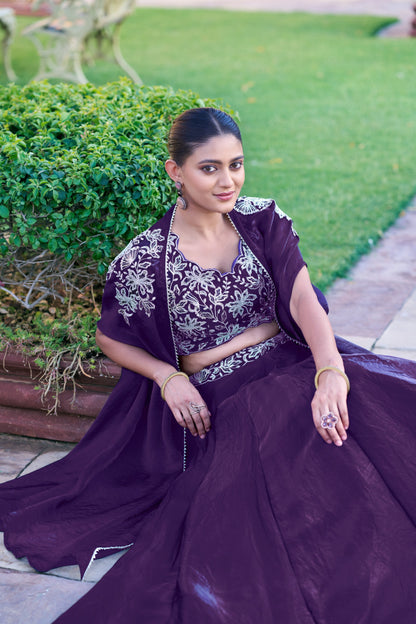 Elegant Cape Style Fendi Silk Lehenga Set