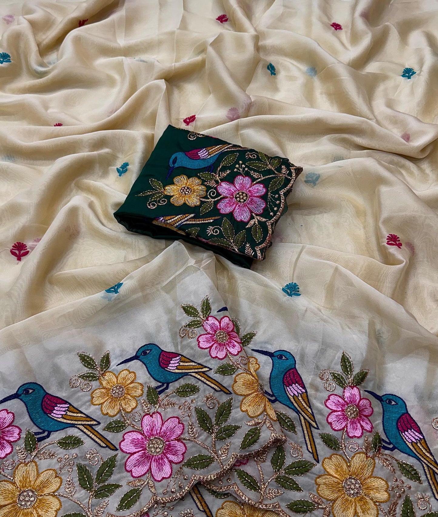 Rangoli Silk Saree with Heavy Floral Work Border & Contrast Designer Blouse